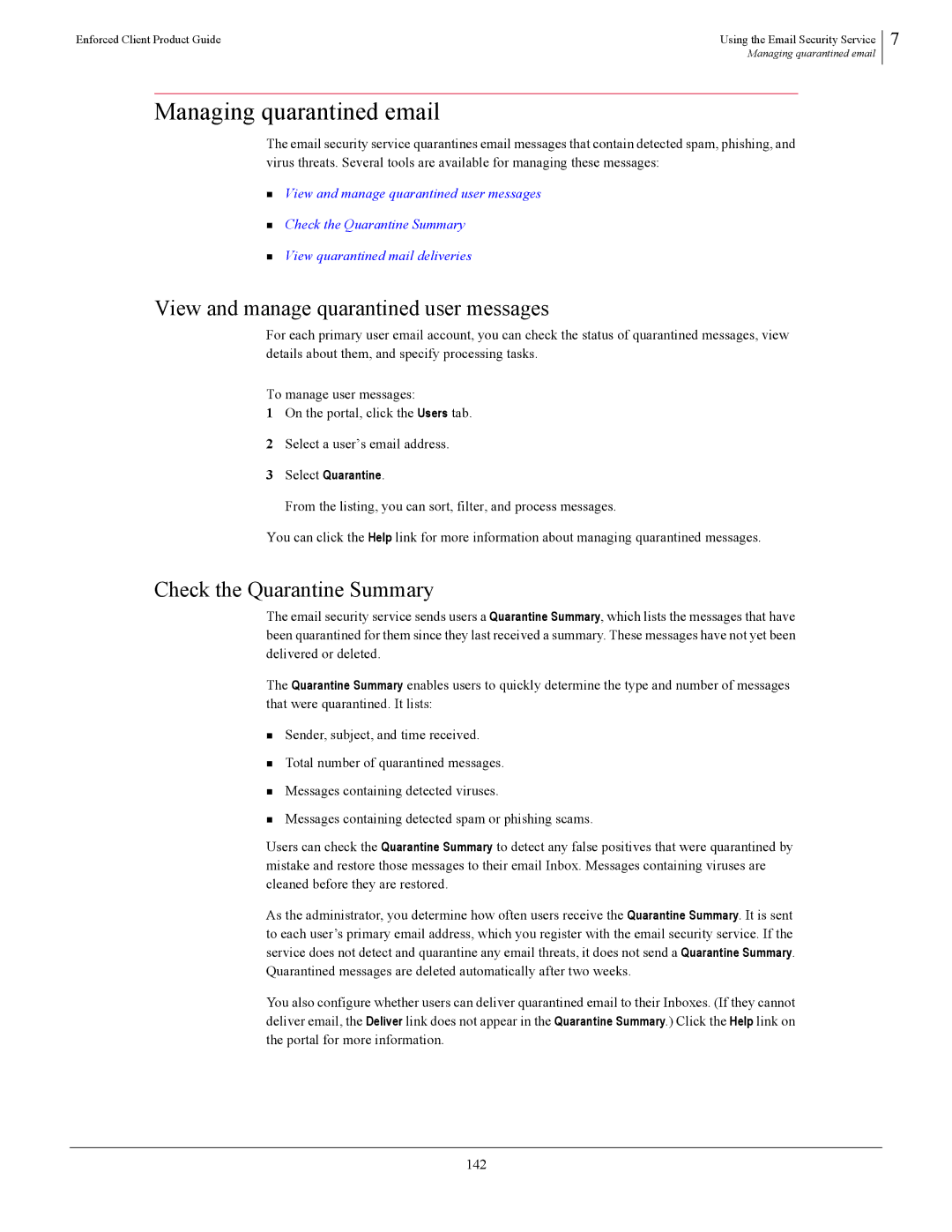 SonicWALL 4.5 manual Managing quarantined email, View and manage quarantined user messages, Check the Quarantine Summary 