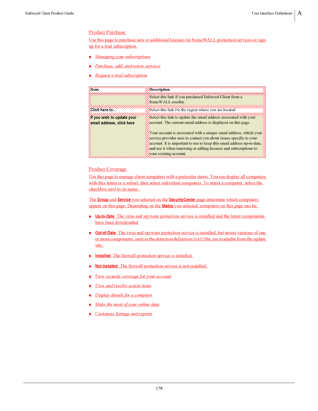 SonicWALL 4.5 manual Product Purchase, Product Coverage, 178 