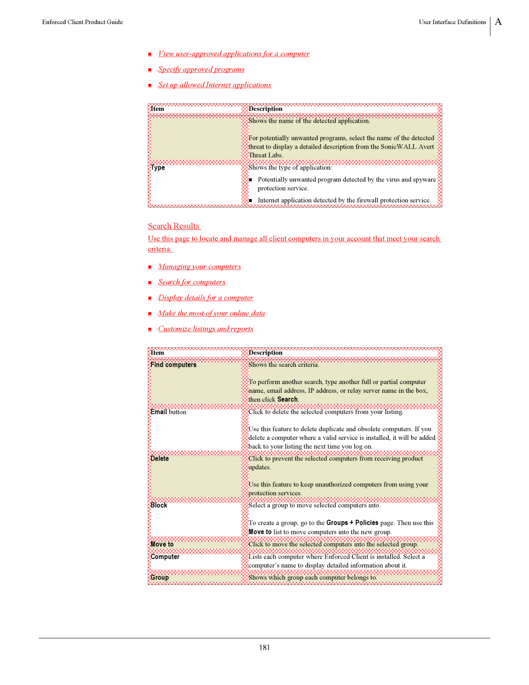 SonicWALL 4.5 manual Search Results, 181, Type 