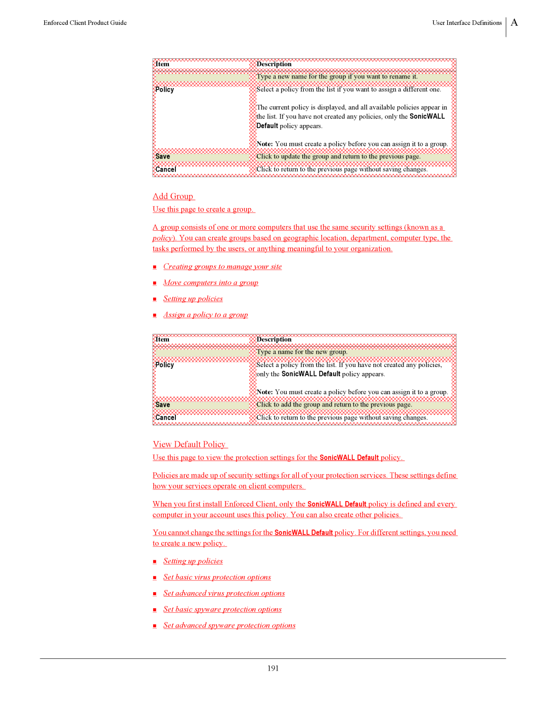 SonicWALL 4.5 manual Add Group, View Default Policy, 191 