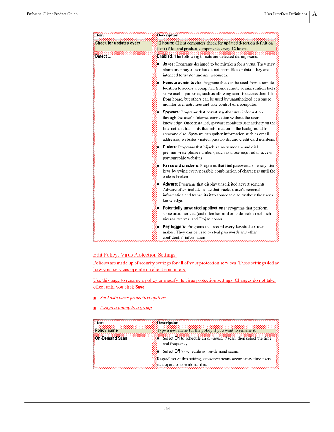 SonicWALL 4.5 manual Edit Policy Virus Protection Settings, 194 