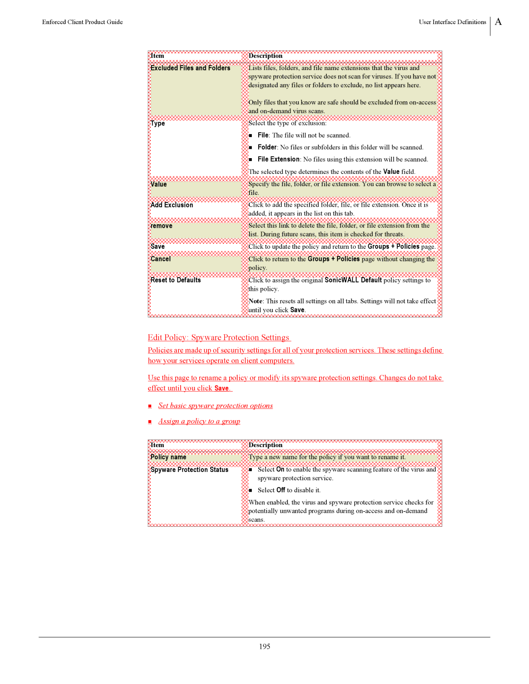 SonicWALL 4.5 manual Edit Policy Spyware Protection Settings, 195, Value, Add Exclusion, Reset to Defaults 