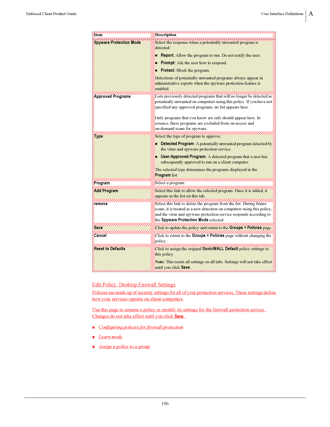 SonicWALL 4.5 manual Edit Policy Desktop Firewall Settings, 196 