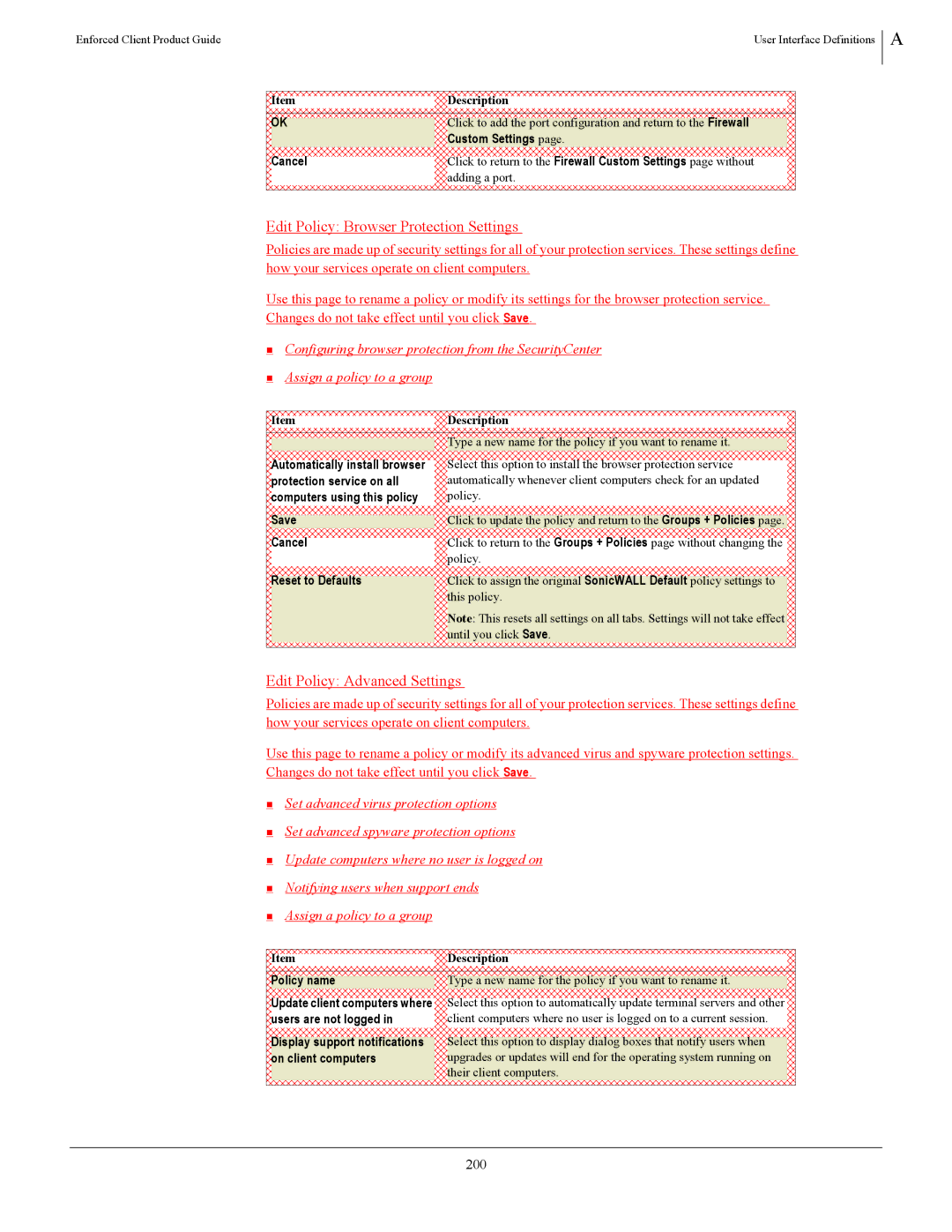 SonicWALL 4.5 manual Edit Policy Browser Protection Settings, Edit Policy Advanced Settings, 200 