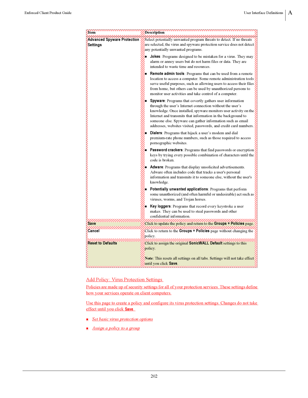 SonicWALL 4.5 manual Add Policy Virus Protection Settings, 202, Any potentially unwanted programs 