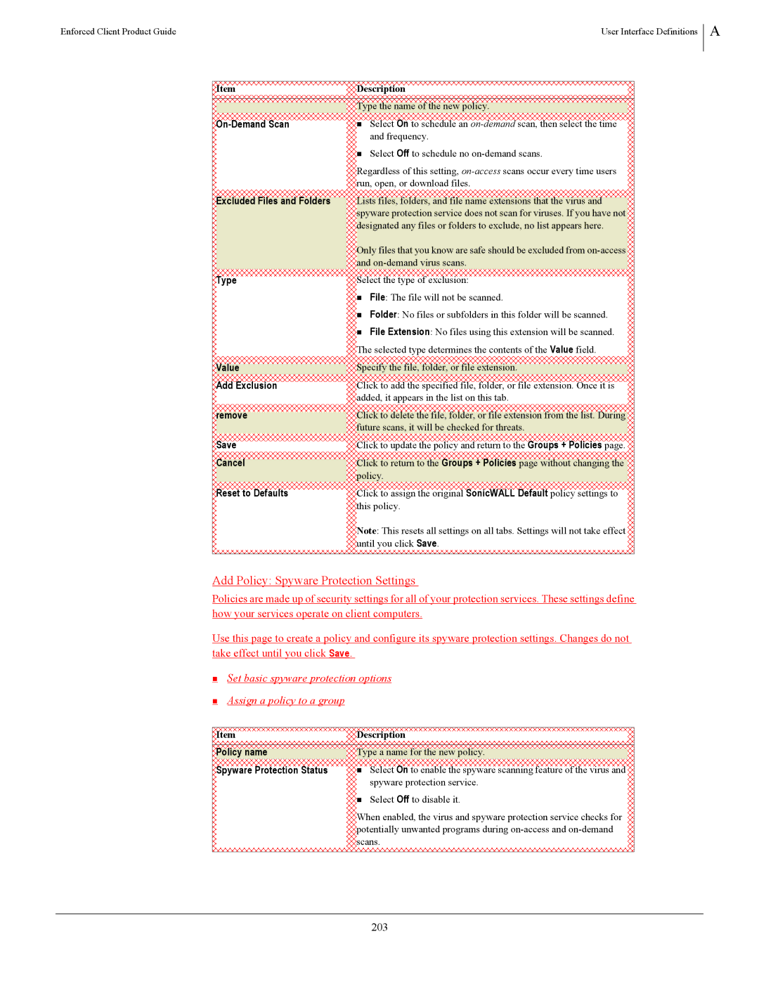 SonicWALL 4.5 manual Add Policy Spyware Protection Settings, 203, Excluded Files and Folders 