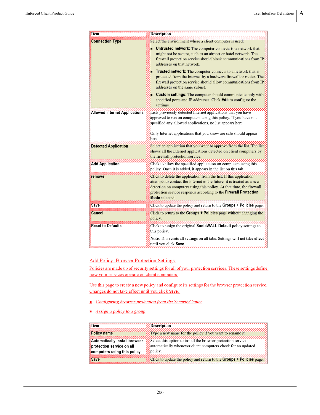 SonicWALL 4.5 manual Add Policy Browser Protection Settings, 206, Detected Application 