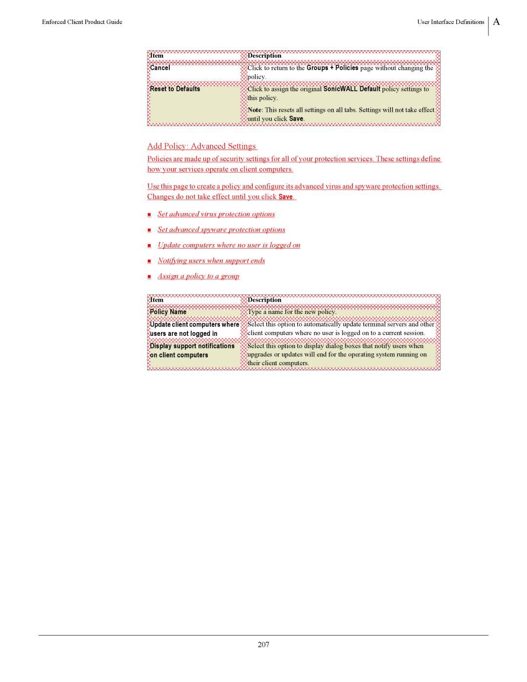 SonicWALL 4.5 manual Add Policy Advanced Settings, 207, Their client computers 