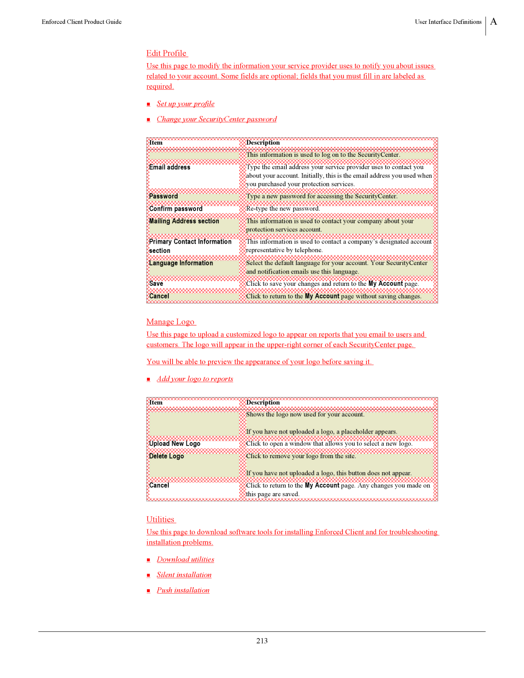 SonicWALL 4.5 manual Edit Profile, Manage Logo, Utilities, 213 