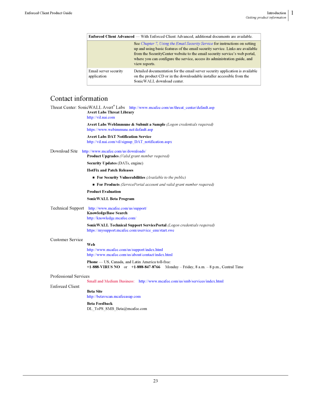 SonicWALL 4.5 manual Contact information, Customer Service, Professional Services Enforced Client 