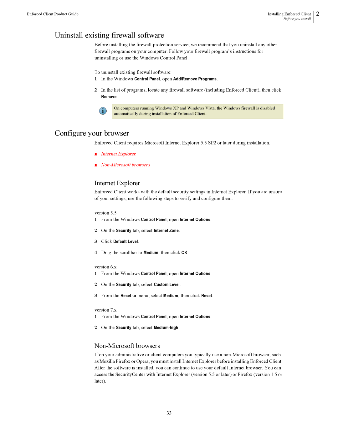 SonicWALL 4.5 Uninstall existing firewall software, Configure your browser, Internet Explorer, Non-Microsoft browsers 