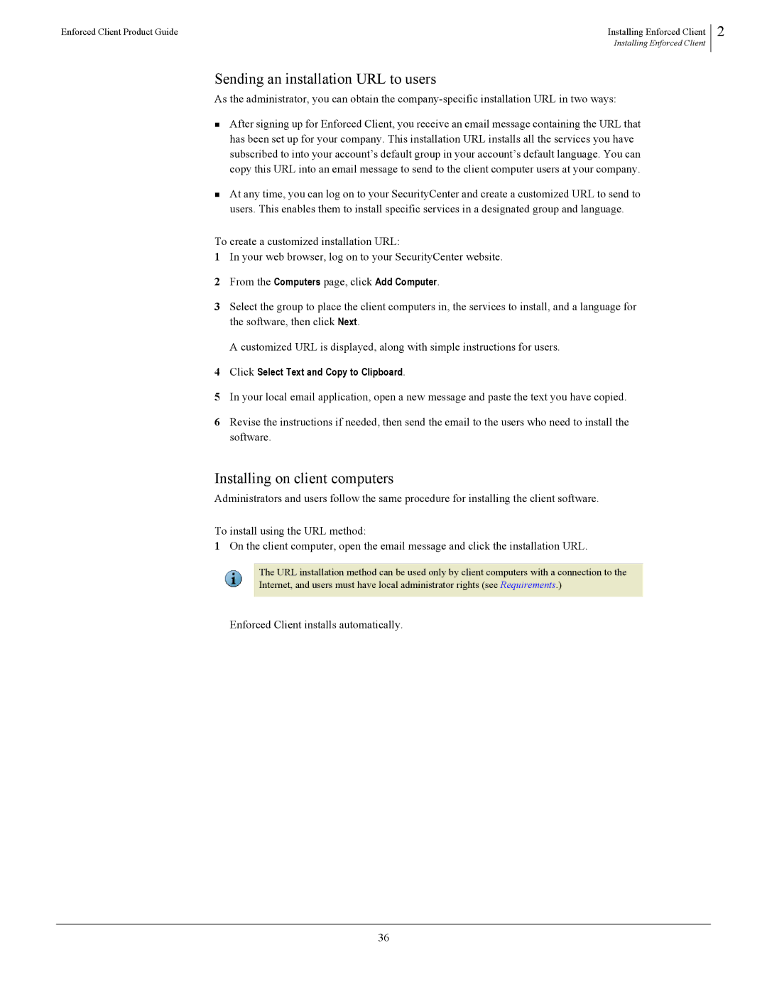 SonicWALL 4.5 Sending an installation URL to users, Installing on client computers, Enforced Client installs automatically 
