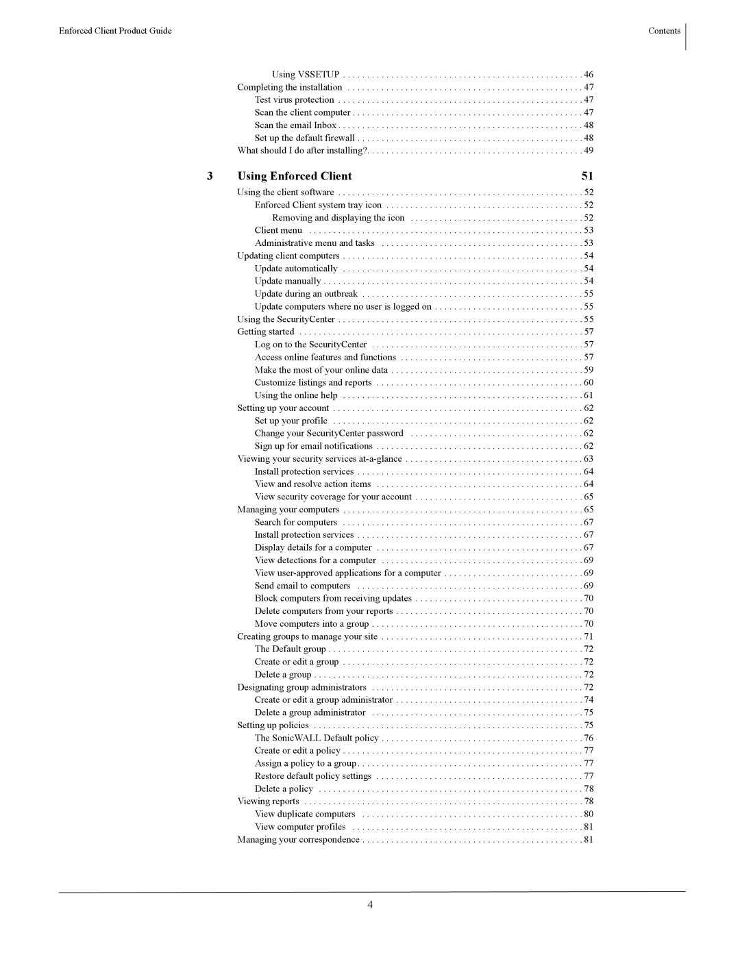 SonicWALL 4.5 manual Using Vssetup, Removing and displaying the icon, Administrative menu and tasks 