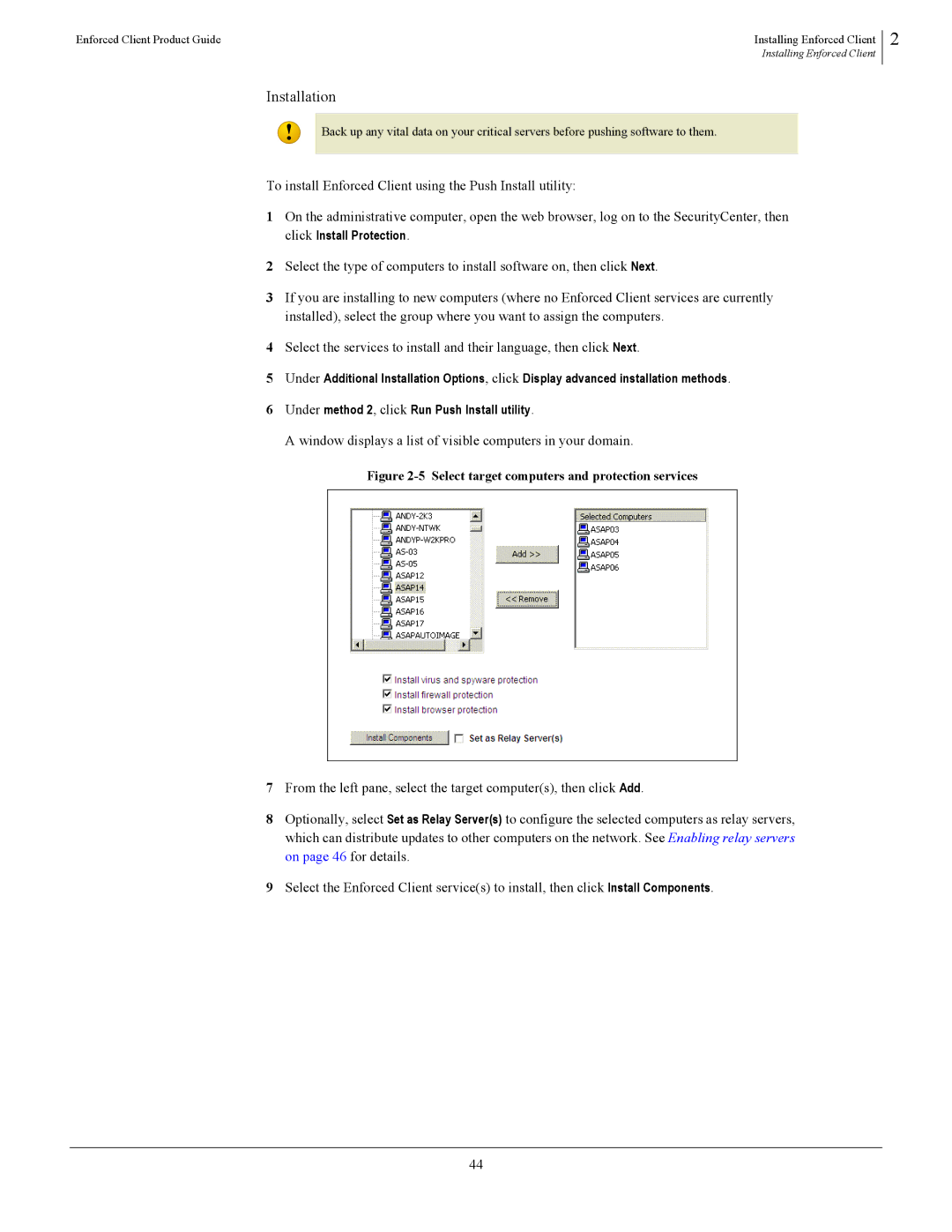 SonicWALL 4.5 Window displays a list of visible computers in your domain, Select target computers and protection services 