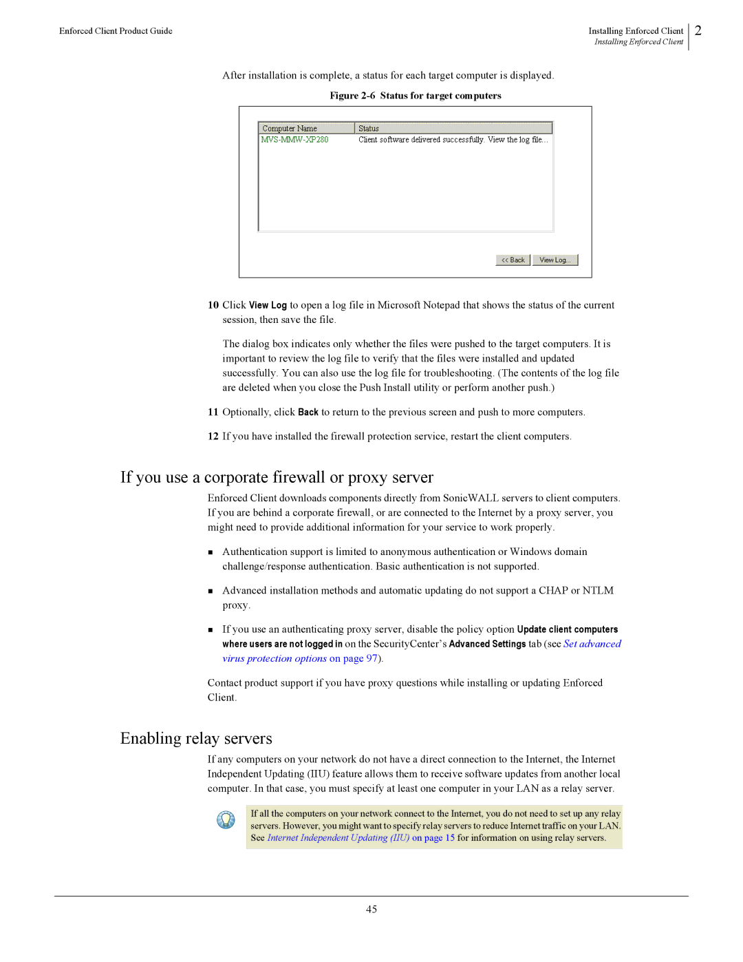 SonicWALL 4.5 manual If you use a corporate firewall or proxy server, Enabling relay servers 