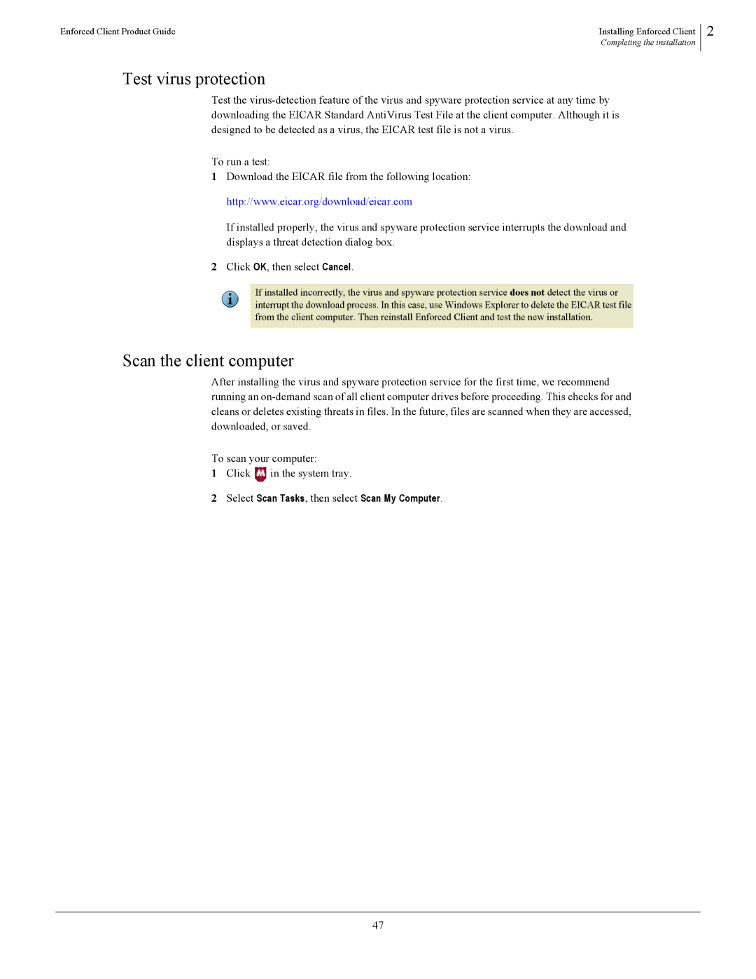 SonicWALL 4.5 manual Test virus protection, Scan the client computer, Select Scan Tasks, then select Scan My Computer 