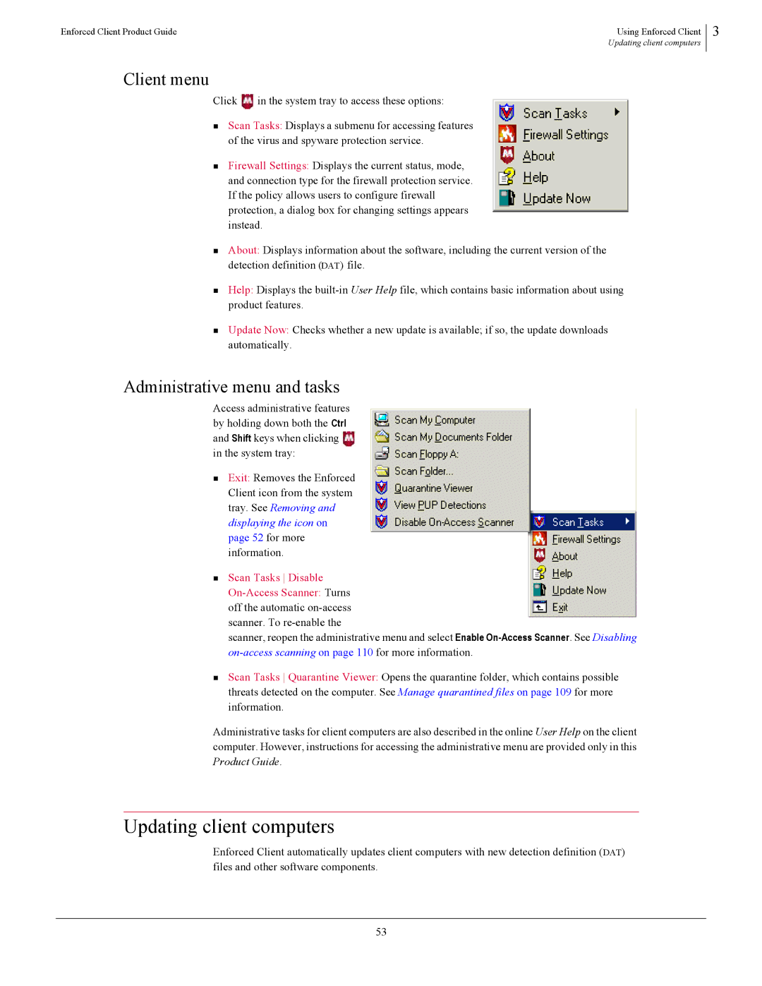 SonicWALL 4.5 manual Updating client computers, Client menu, Administrative menu and tasks 