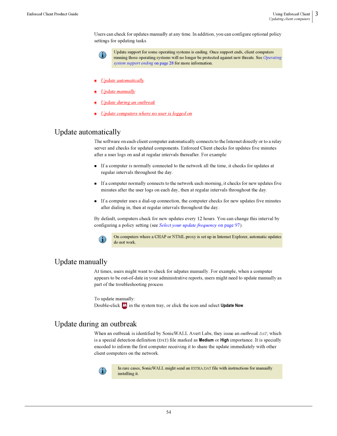 SonicWALL 4.5 Update automatically, Update manually, Update during an outbreak 