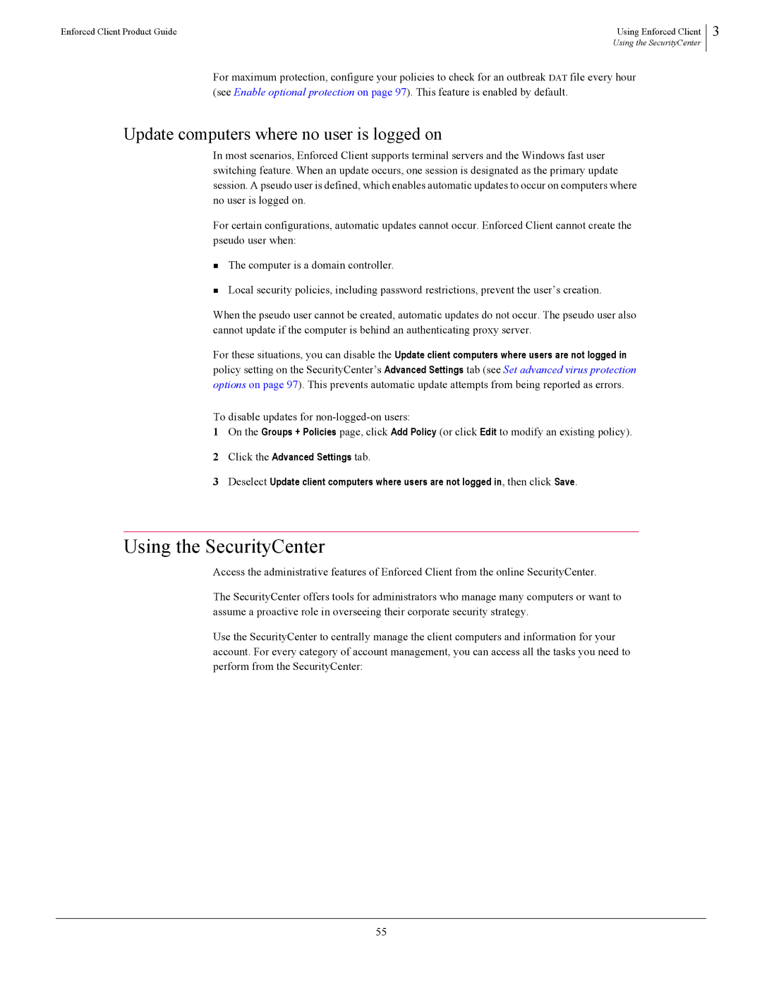 SonicWALL 4.5 manual Using the SecurityCenter, Update computers where no user is logged on 