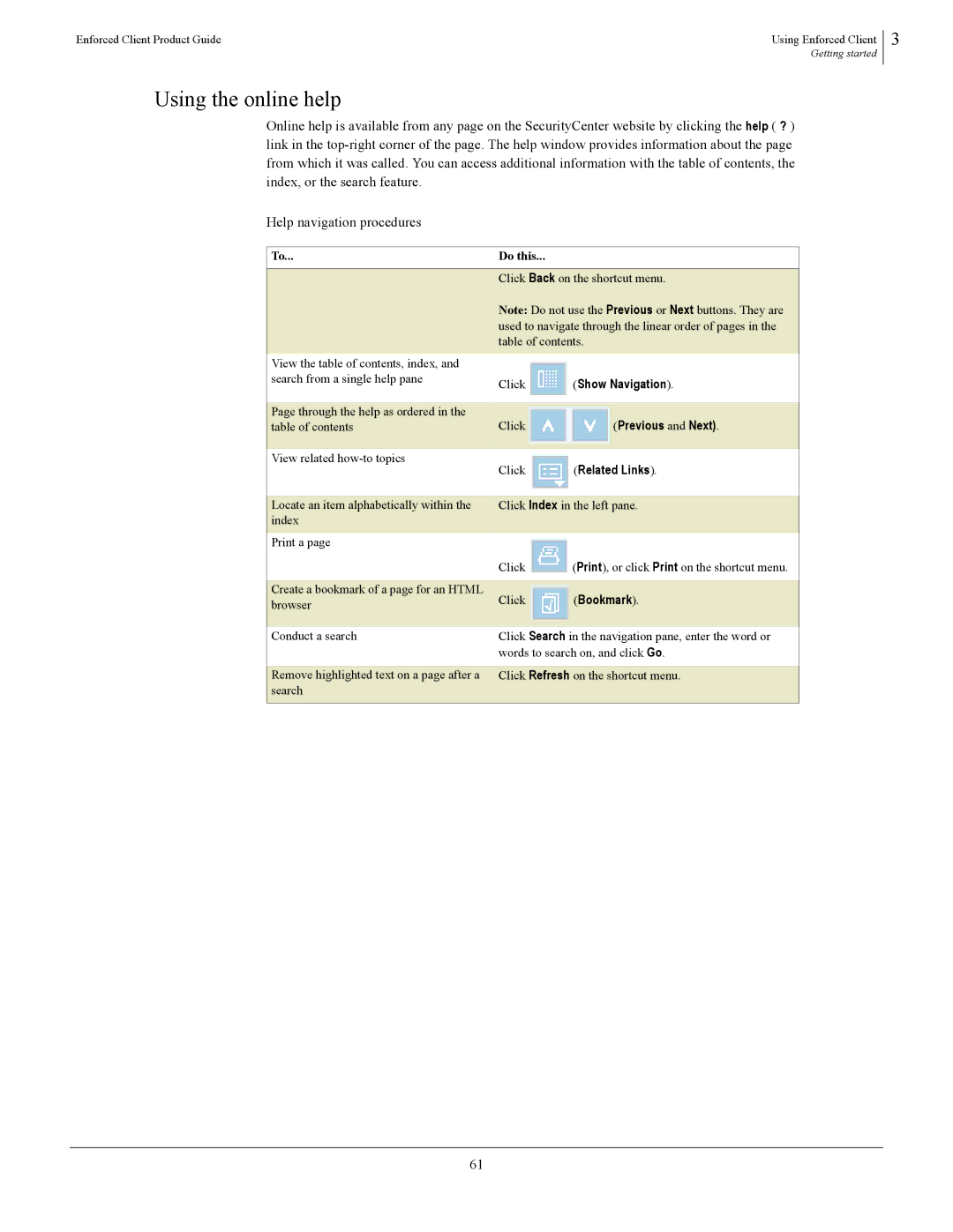 SonicWALL 4.5 manual Using the online help, Show Navigation, Previous and Next, Related Links, Bookmark 