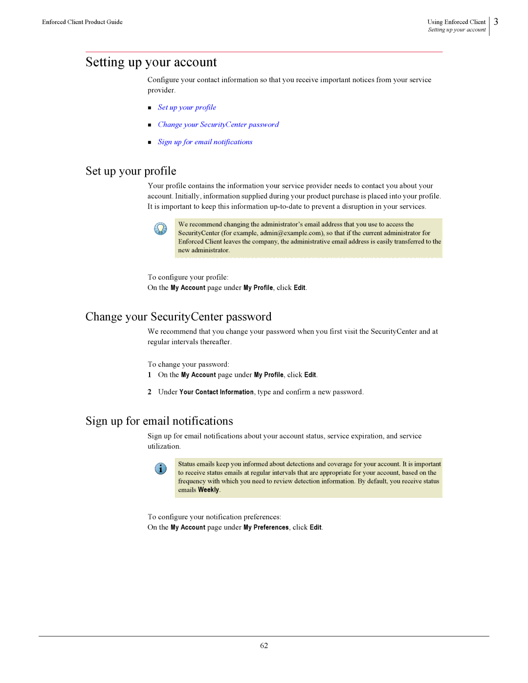 SonicWALL 4.5 manual Setting up your account, Set up your profile, Change your SecurityCenter password 