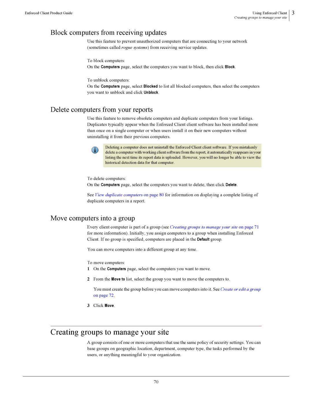 SonicWALL 4.5 Creating groups to manage your site, Block computers from receiving updates, Move computers into a group 