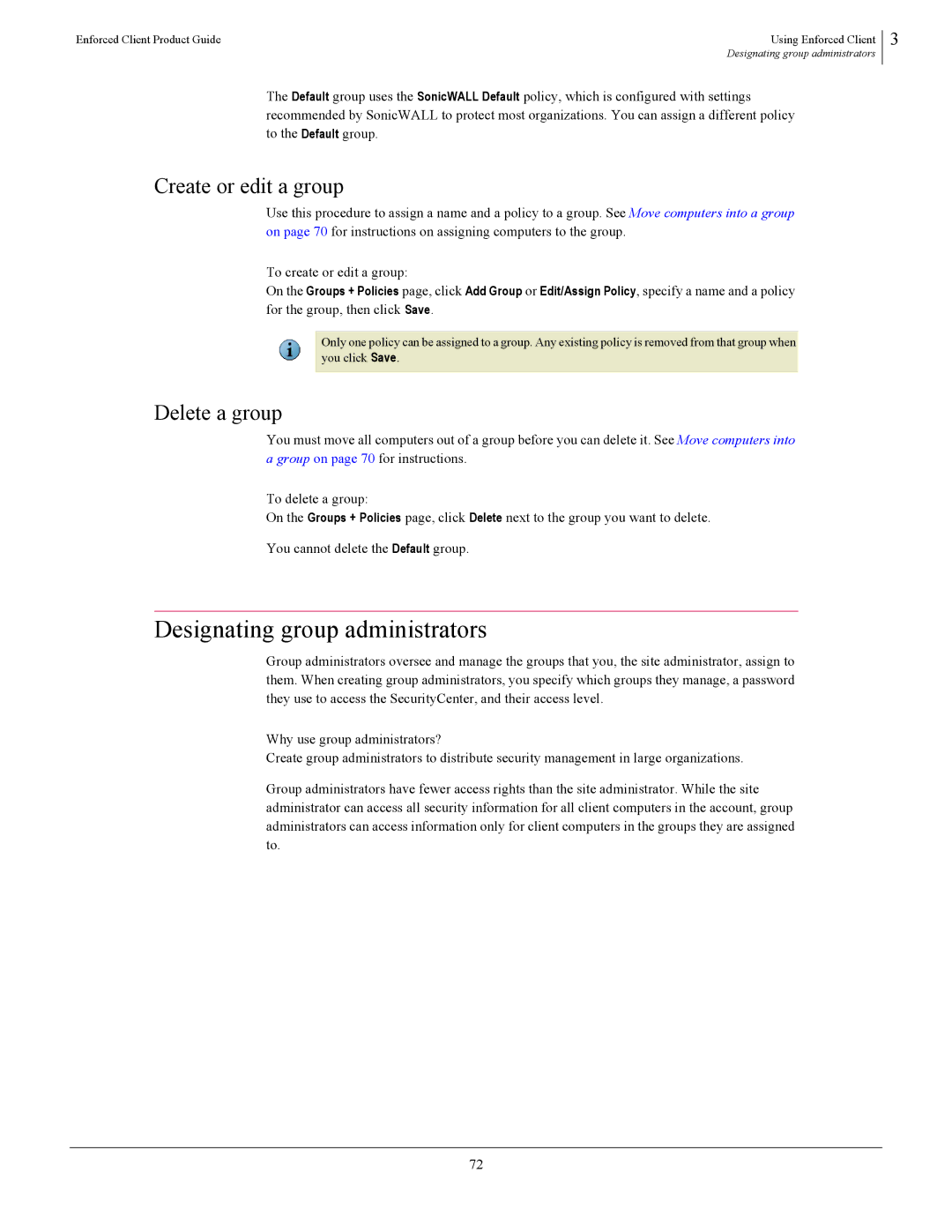 SonicWALL 4.5 manual Designating group administrators, Create or edit a group, Delete a group 