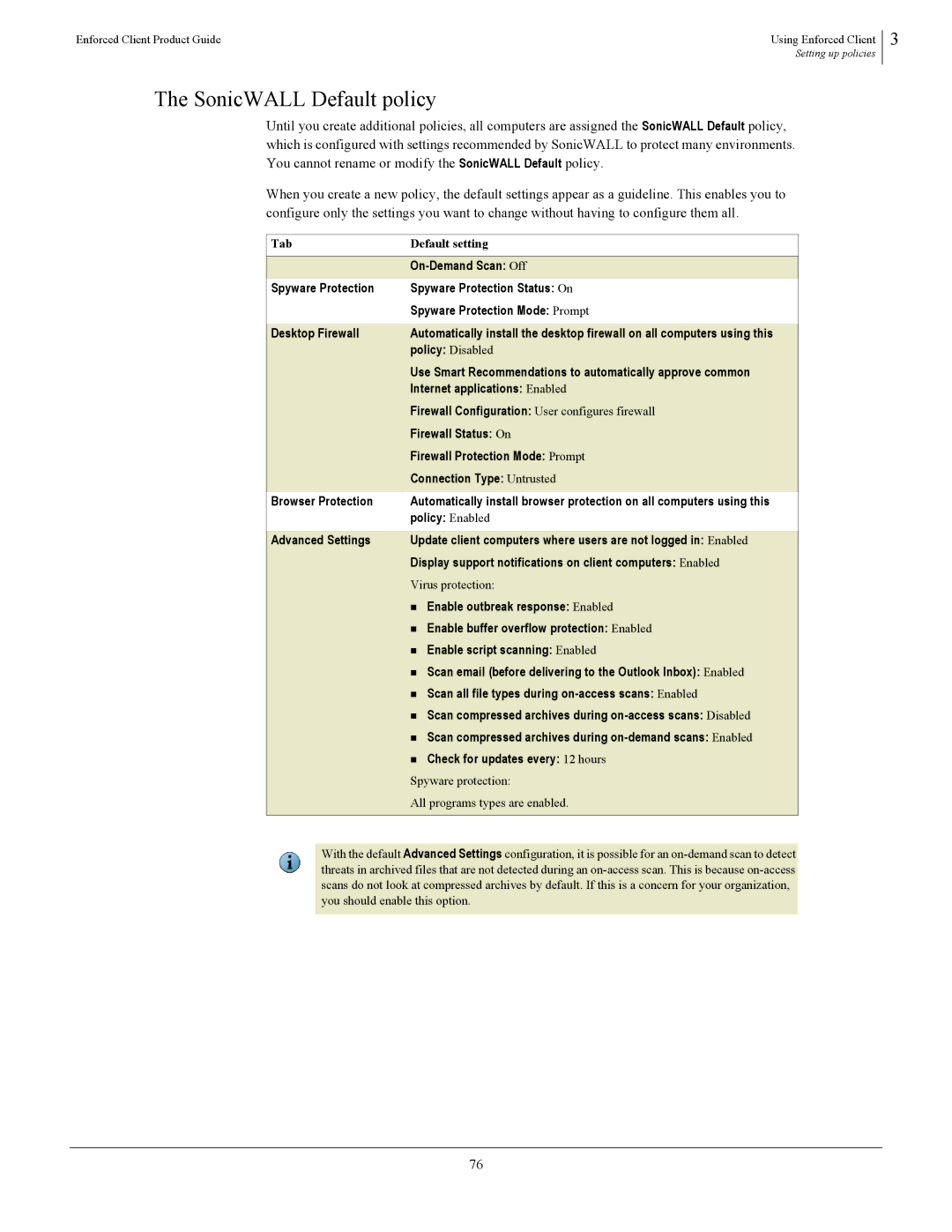 SonicWALL 4.5 manual SonicWALL Default policy 