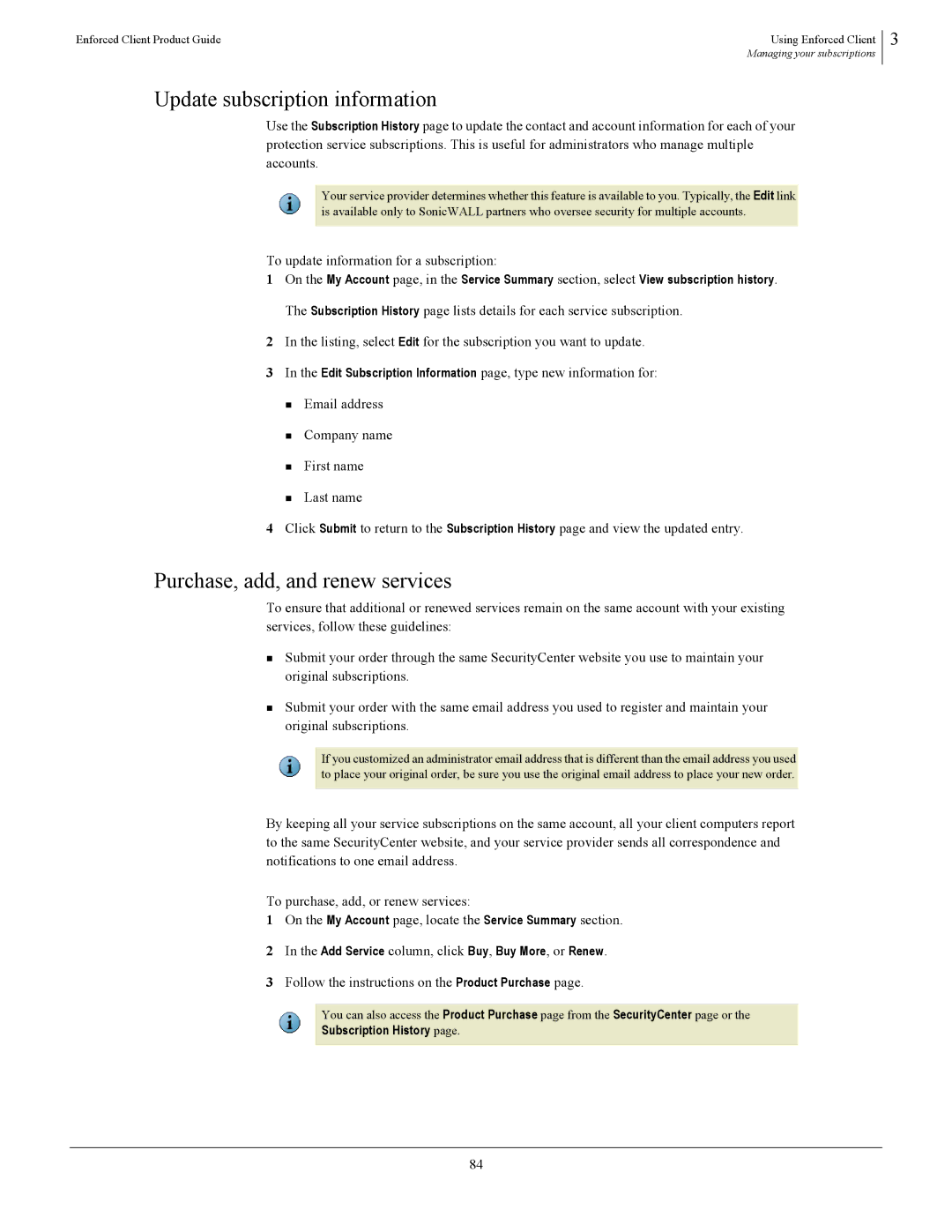 SonicWALL 4.5 Update subscription information, Purchase, add, and renew services, To update information for a subscription 