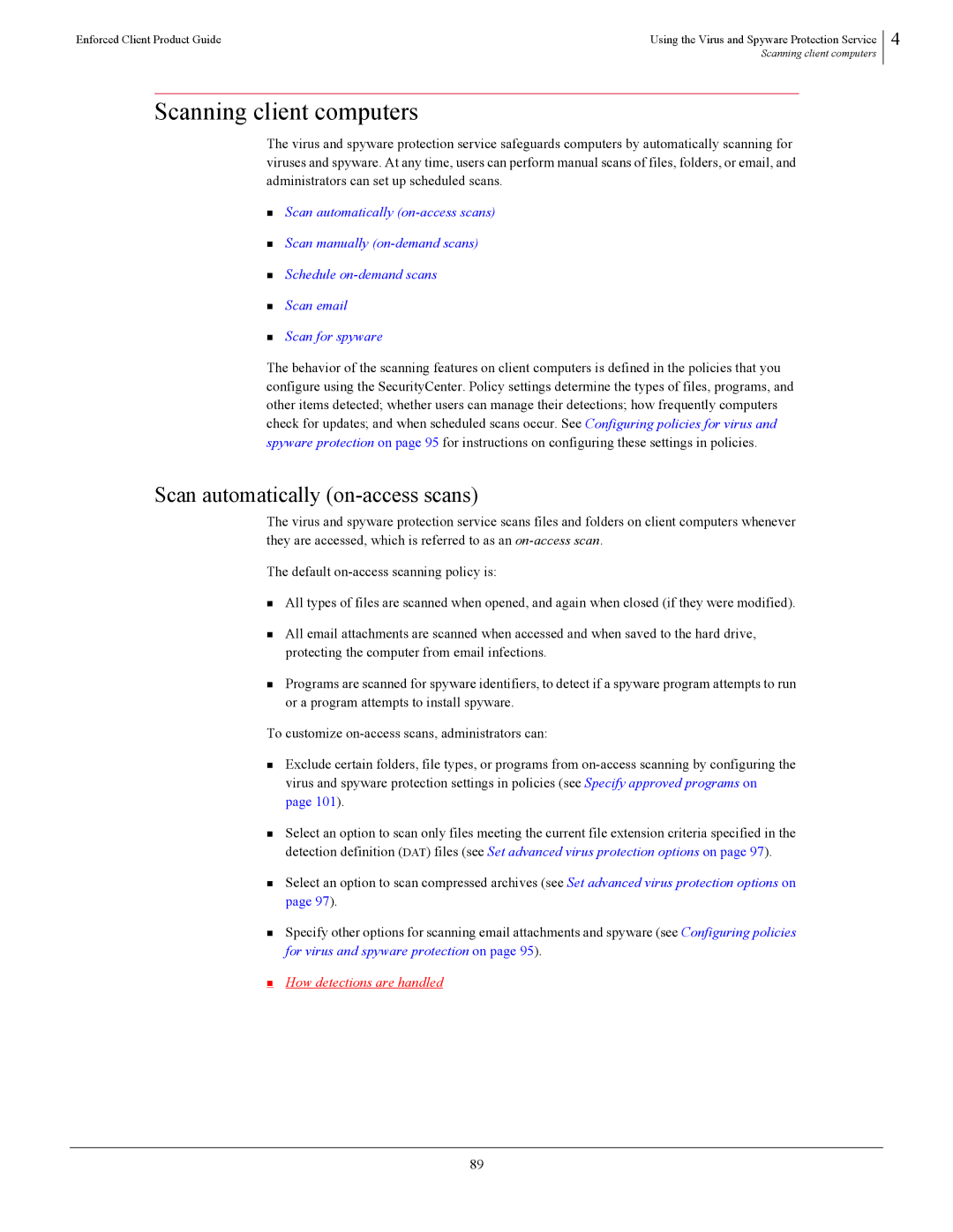 SonicWALL 4.5 manual Scanning client computers, Scan automatically on-access scans 