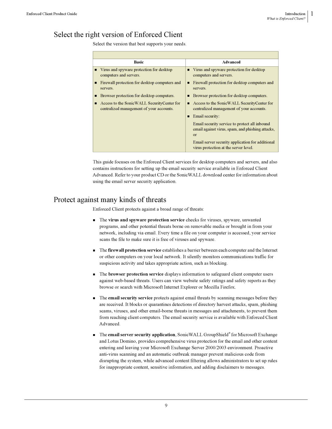 SonicWALL 4.5 manual Select the right version of Enforced Client, Protect against many kinds of threats 