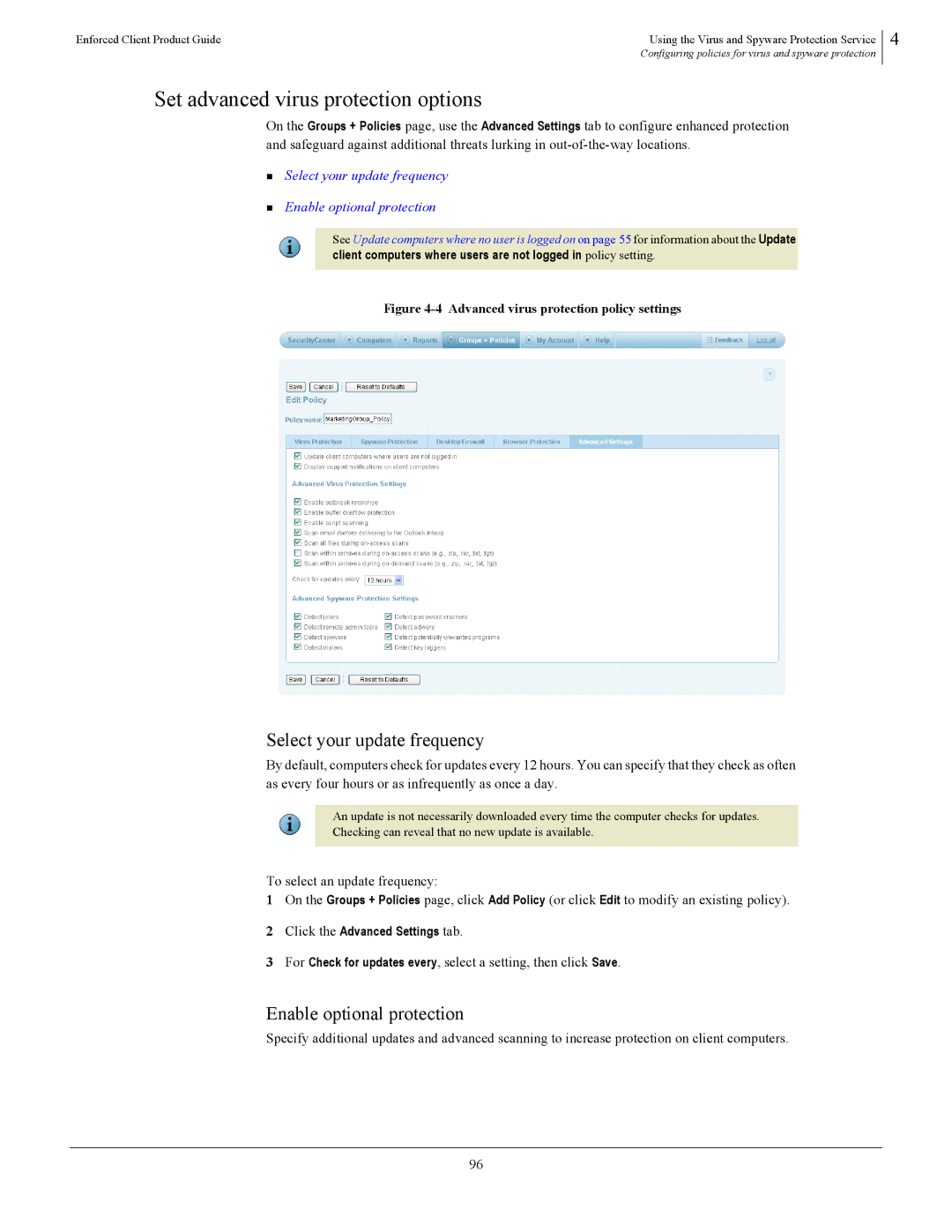 SonicWALL 4.5 manual Set advanced virus protection options, Select your update frequency, Enable optional protection 