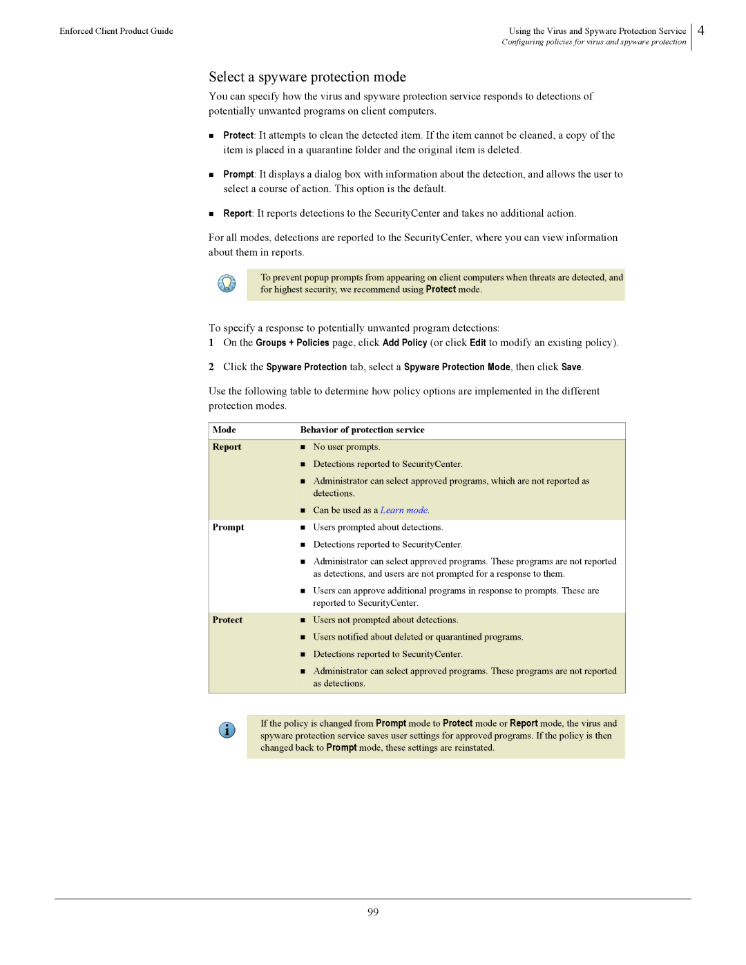 SonicWALL 4.5 manual Select a spyware protection mode, Mode Behavior of protection service Report, Protect 