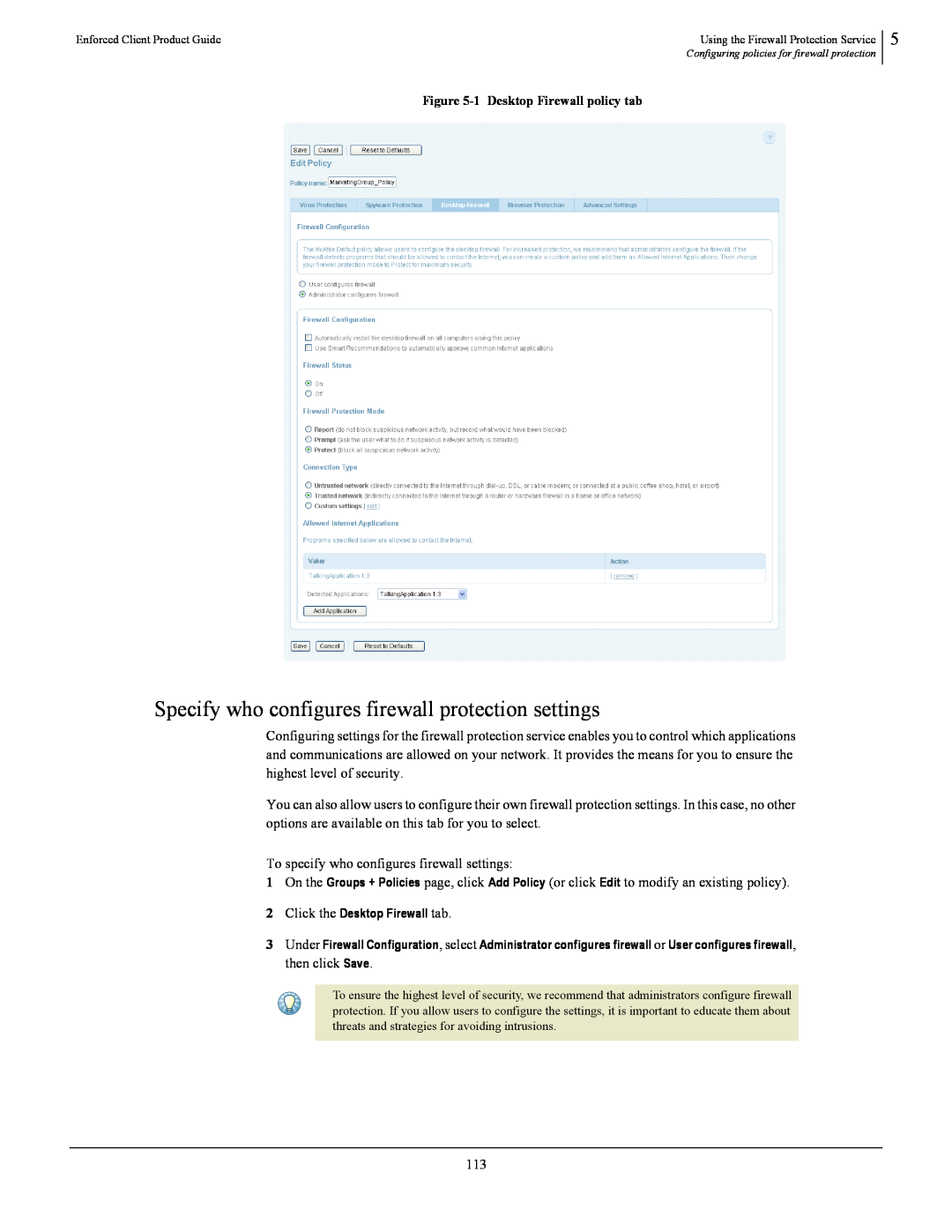 SonicWALL 4.5 manual Specify who configures firewall protection settings, 1 Desktop Firewall policy tab 