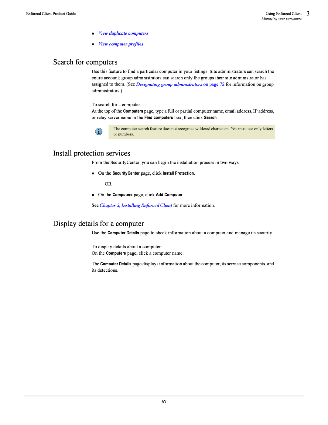 SonicWALL 4.5 manual Search for computers, Display details for a computer, Install protection services 