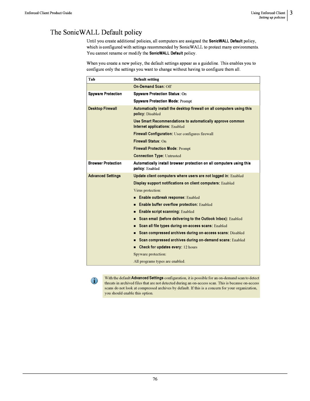 SonicWALL 4.5 manual The SonicWALL Default policy, Default setting, Virus protection, Spyware protection 