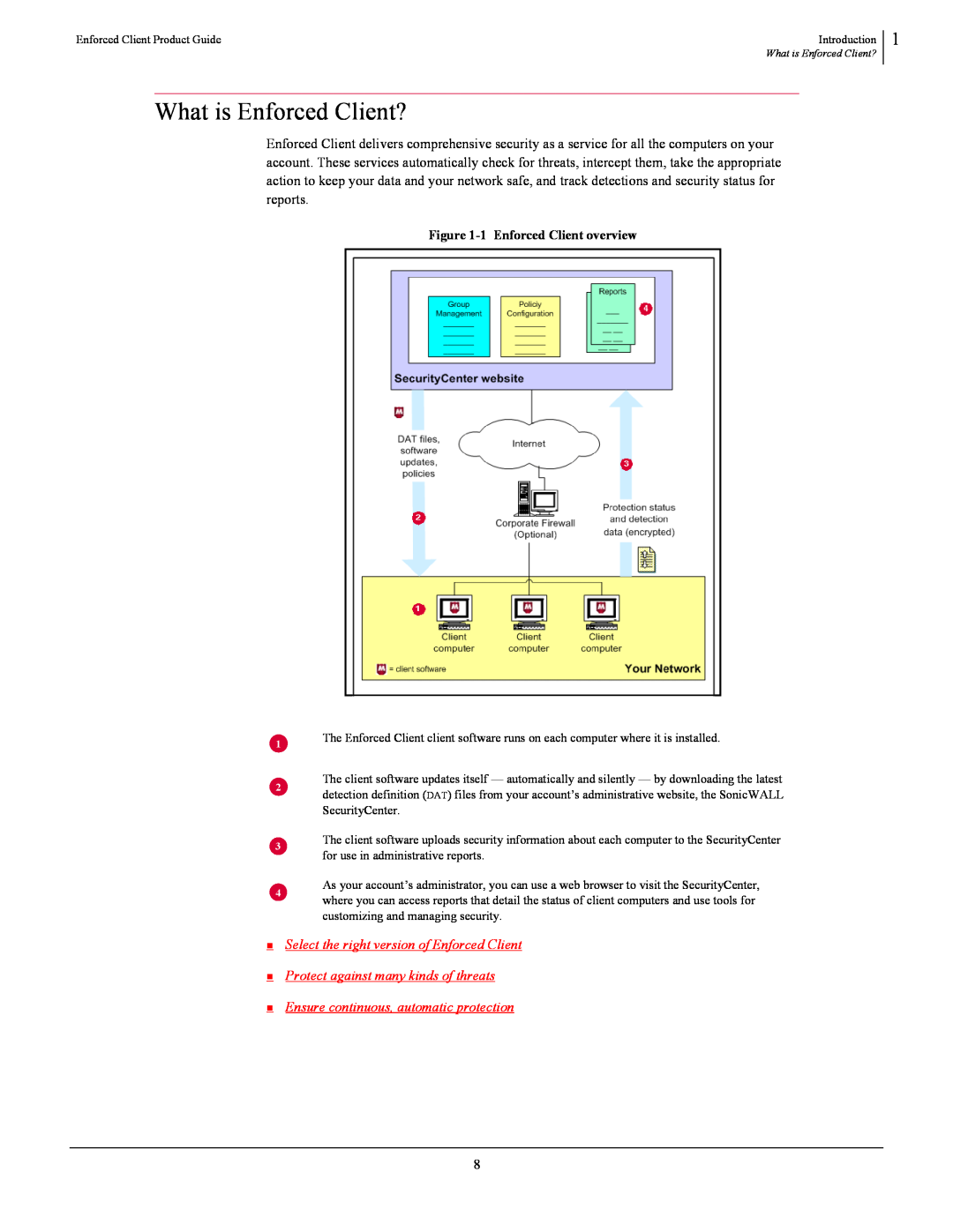 SonicWALL 4.5 manual What is Enforced Client?, „ Select the right version of Enforced Client, 1 Enforced Client overview 