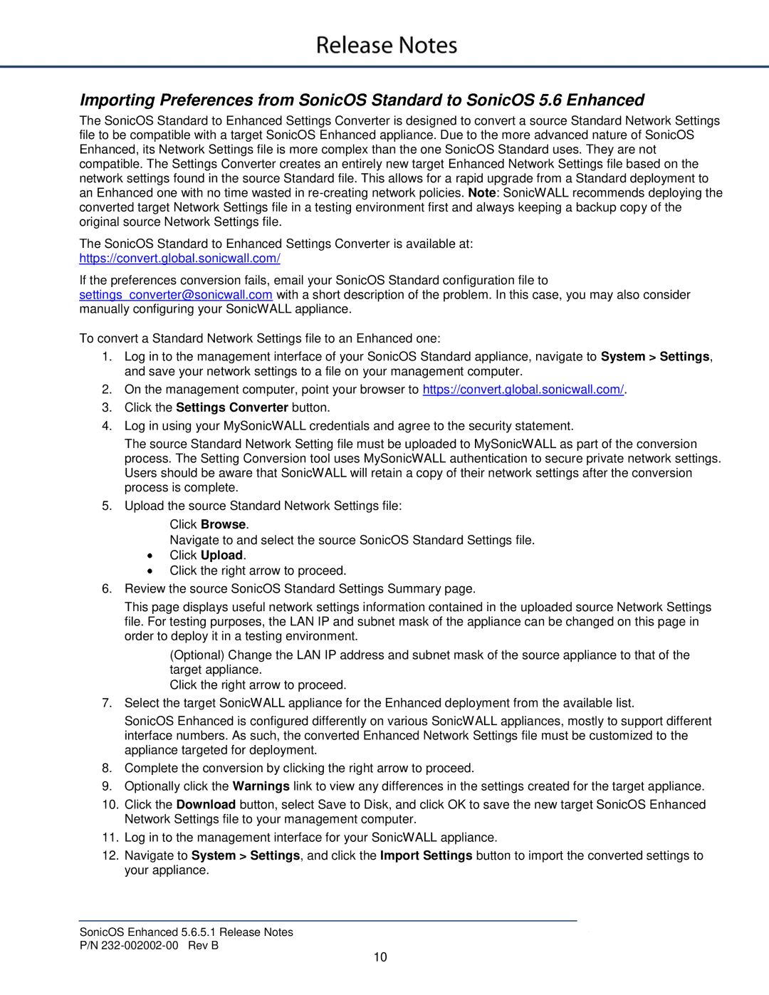 SonicWALL 5.6.5.1, 232-002002-00 manual Click the Settings Converter button 