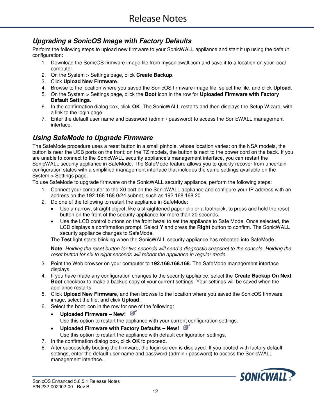 SonicWALL 5.6.5.1, 232-002002-00 manual Upgrading a SonicOS Image with Factory Defaults, Using SafeMode to Upgrade Firmware 