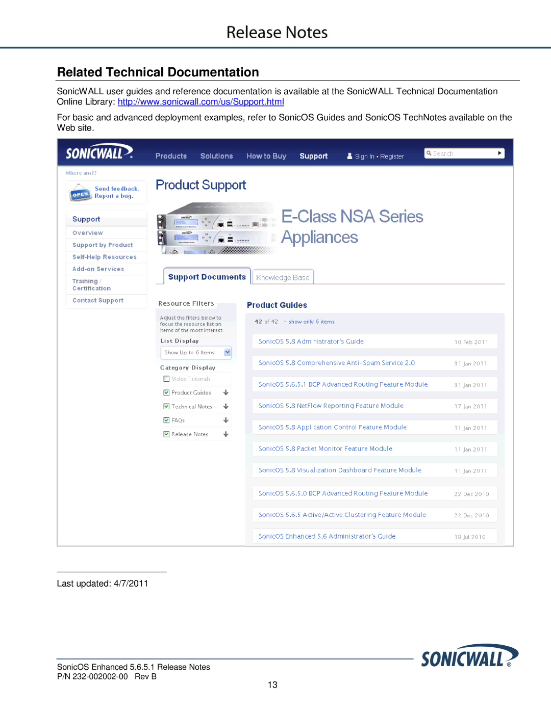 SonicWALL 232-002002-00, 5.6.5.1 manual Related Technical Documentation 