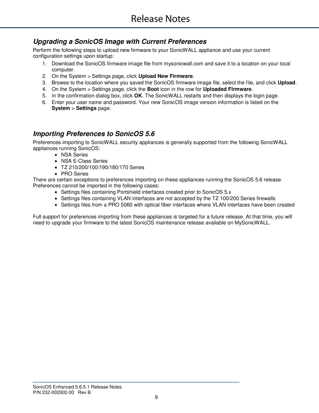 SonicWALL 232-002002-00, 5.6.5.1 manual Upgrading a SonicOS Image with Current Preferences, Importing Preferences to SonicOS 