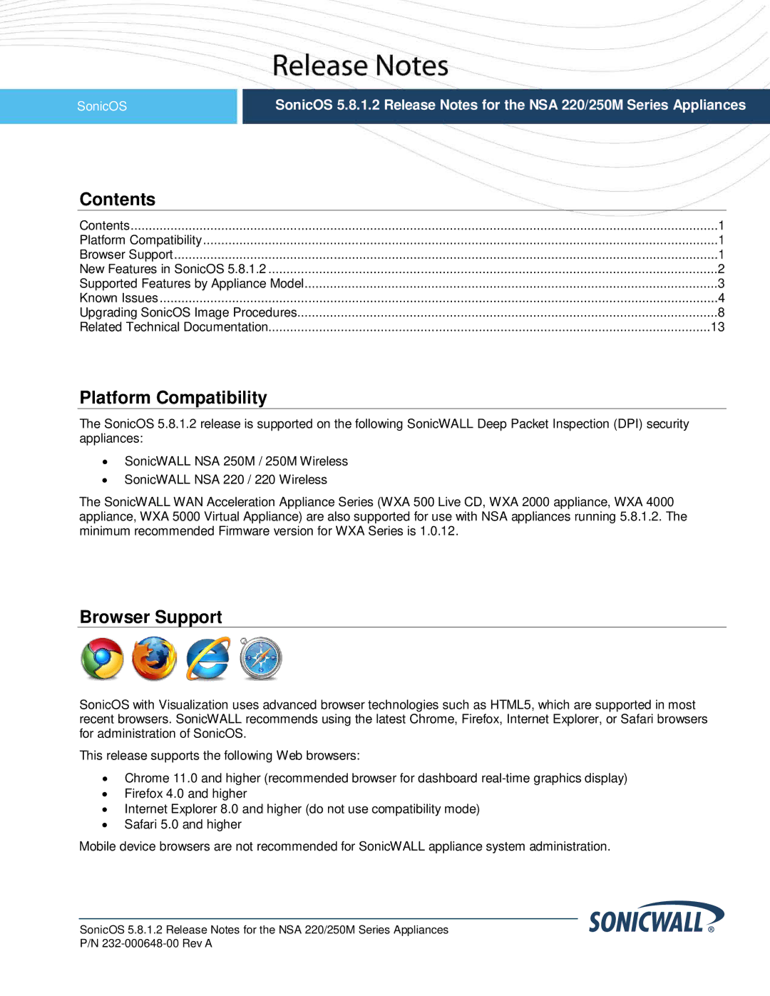 SonicWALL 5.8.1.2 manual Contents, Platform Compatibility, Browser Support 