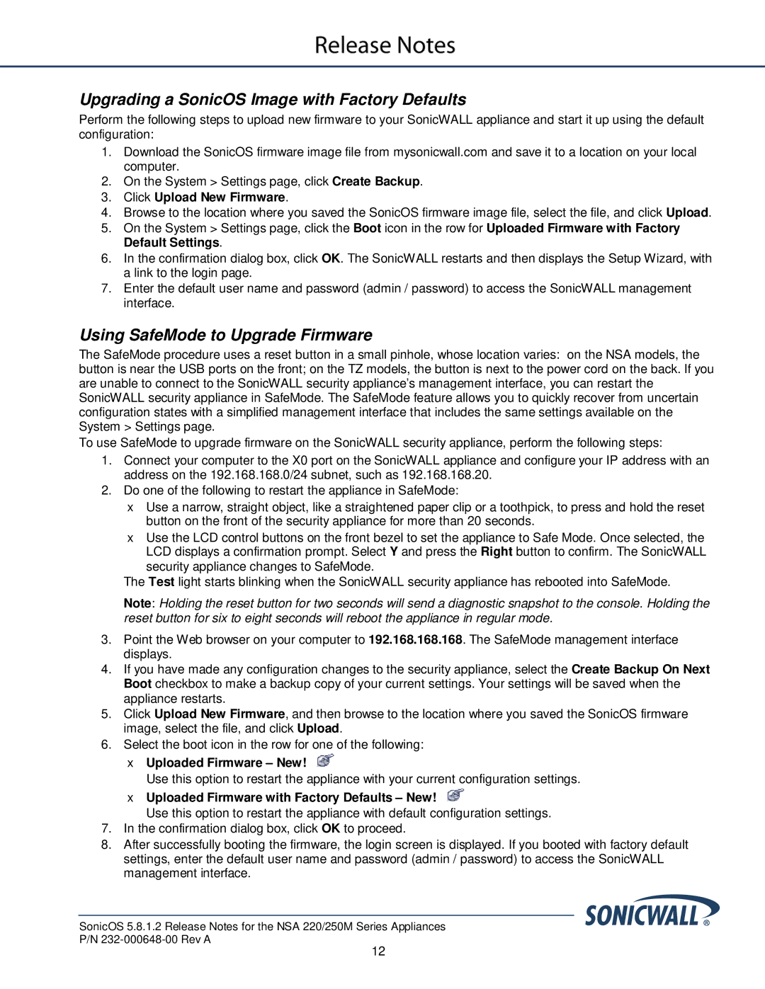 SonicWALL 5.8.1.2 manual Upgrading a SonicOS Image with Factory Defaults, Using SafeMode to Upgrade Firmware 