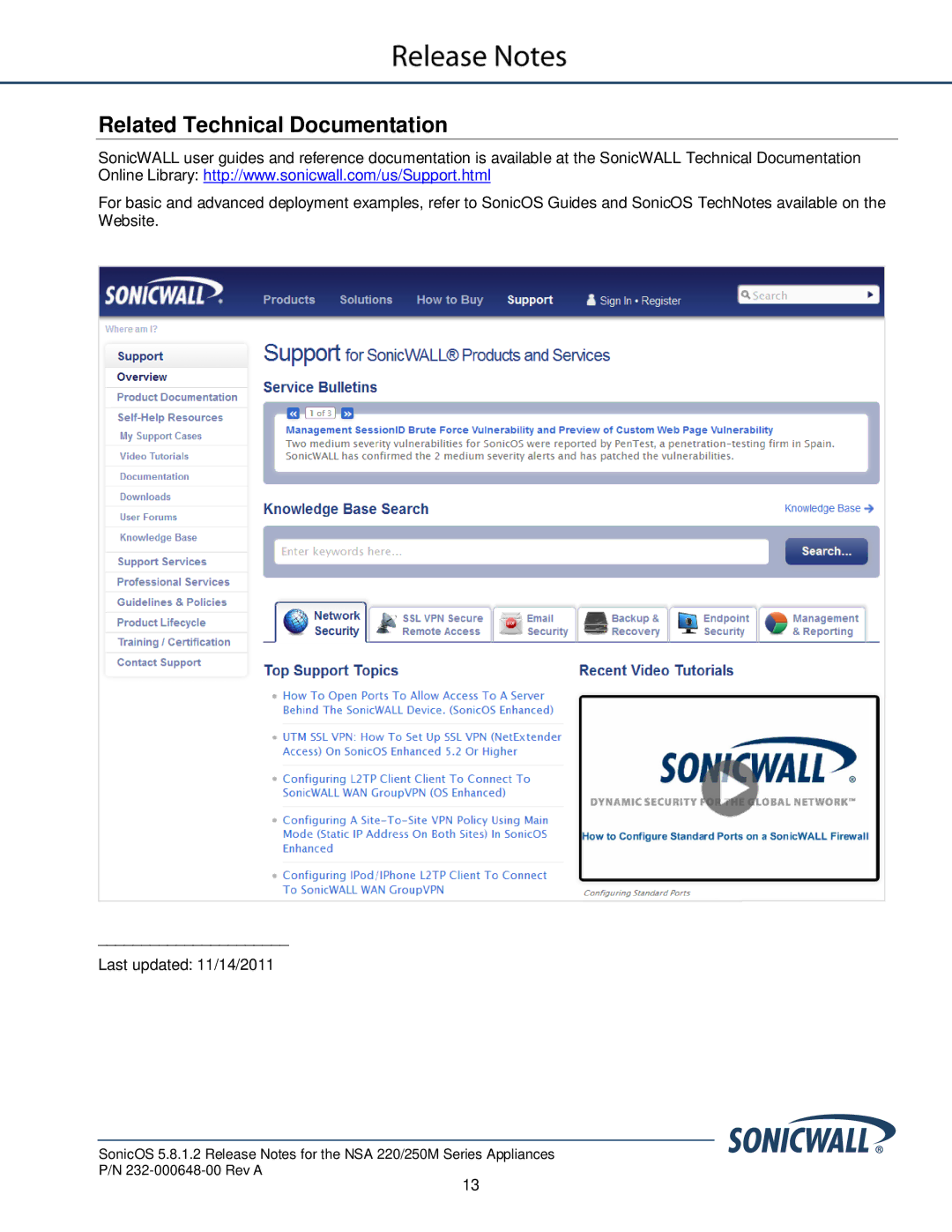 SonicWALL 5.8.1.2 manual Related Technical Documentation 