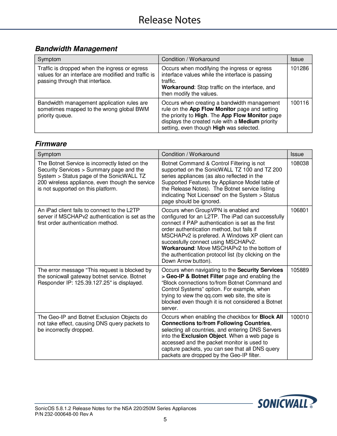 SonicWALL 5.8.1.2 manual Bandwidth Management, Firmware, Geo-IP & Botnet Filter page and enabling 