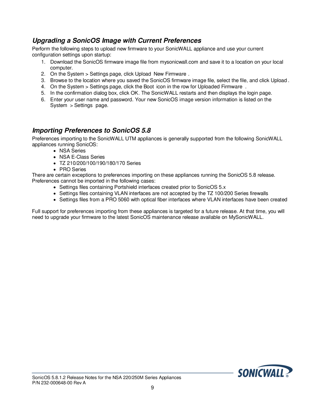 SonicWALL 5.8.1.2 manual Upgrading a SonicOS Image with Current Preferences, Importing Preferences to SonicOS 