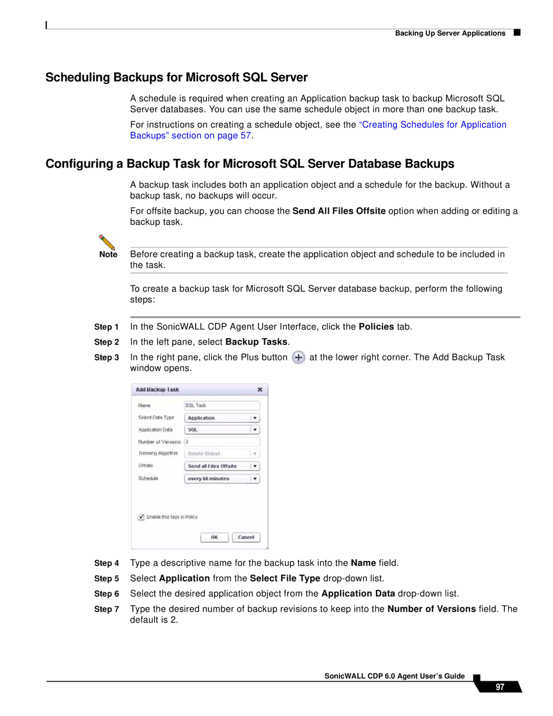 SonicWALL 6 manual Scheduling Backups for Microsoft SQL Server 