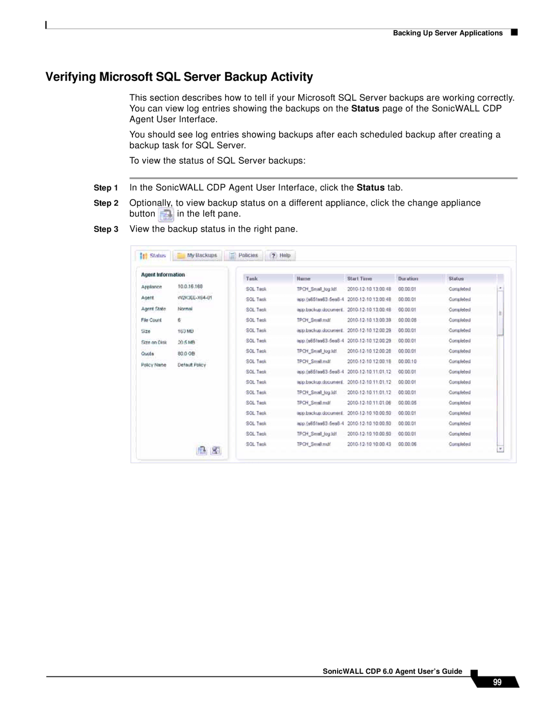 SonicWALL 6 manual Verifying Microsoft SQL Server Backup Activity 