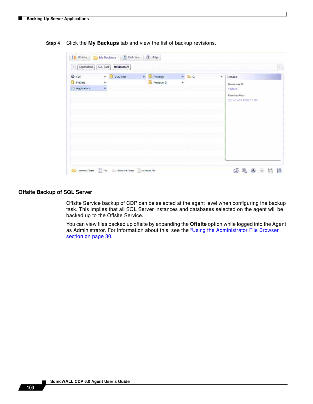 SonicWALL 6 manual Offsite Backup of SQL Server, 100 