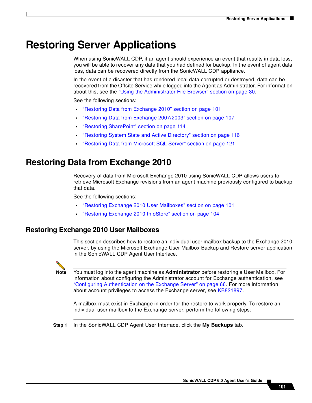 SonicWALL 6 manual Restoring Server Applications, Restoring Data from Exchange, Restoring Exchange 2010 User Mailboxes, 101 